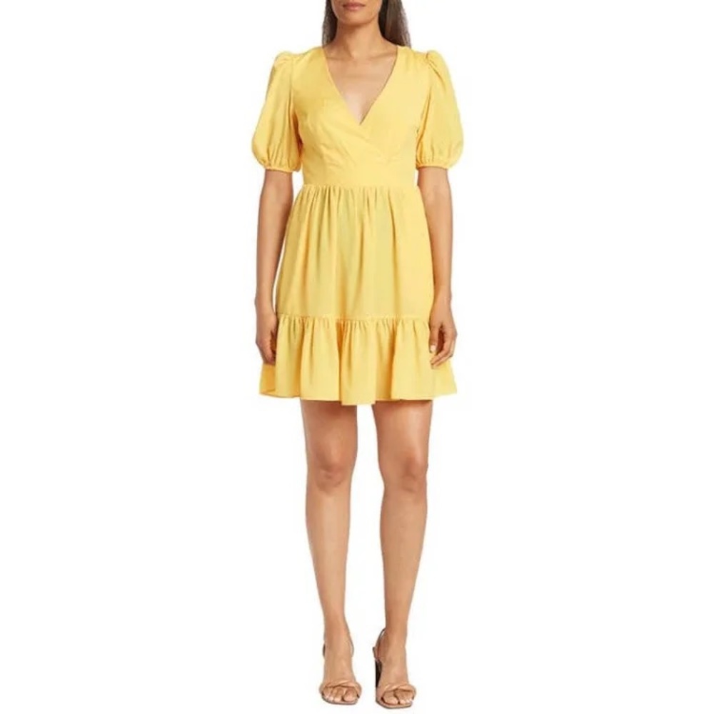 Eliza J Yellow Puff Sleeve V-Neck Tiered Mini Dress
